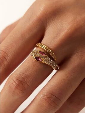 18K Gold Plated Adjustable Snake Ring with Pink Stones